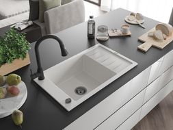Mexen Elias гранитна мивка с 1 отделение с отцедник и кухненски смесител Elia, бял - 6511-20-670101-70