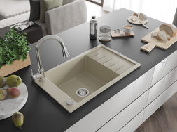 Mexen Elias гранитна мивка с 1 отделение с отцедник и кухненски смесител Elia, бежов - 6511-69-670101-00