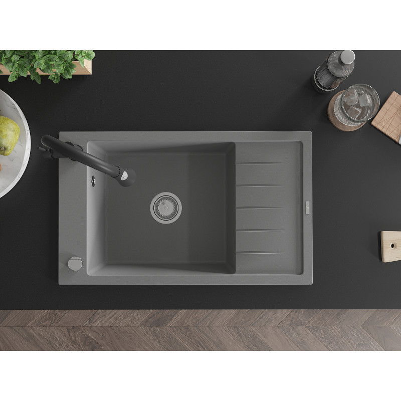 Mexen Elias гранитна мивка с 1 отделение с дренаж и кухненски смесител Elia, сив - 6511-71-670101-70