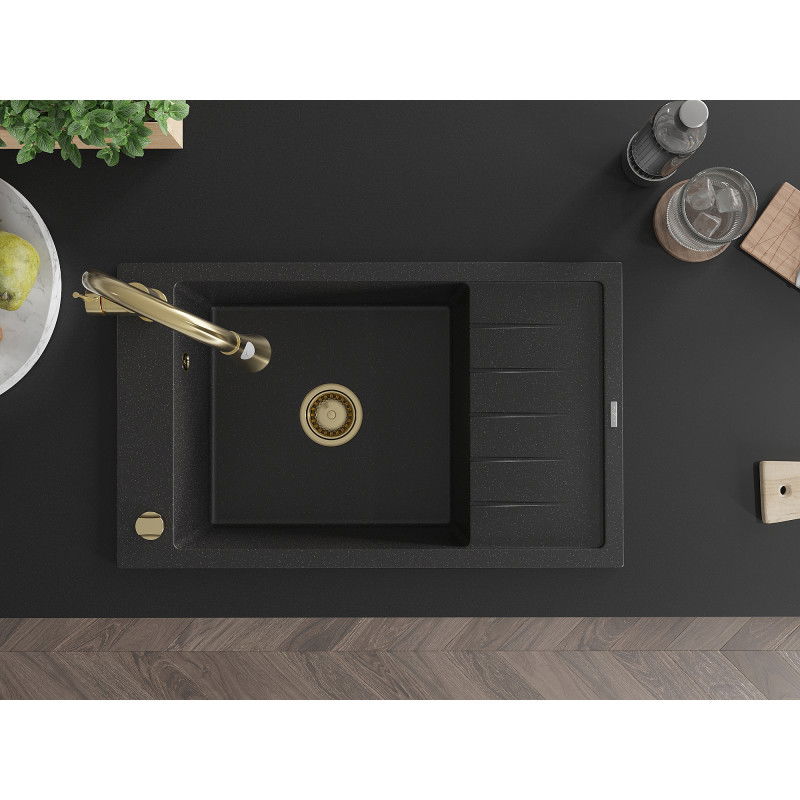 Mexen Elias гранитна мивка с 1 отделение с отцедник и кухненски смесител Elia, черен/сребърен металик - 6511-73-670101-50