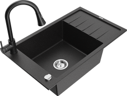 Mexen Elias гранитна мивка 1-компактна с отцедник и кухненски смесител Elia, черно/сребрист металик - 6511-73-670101-70