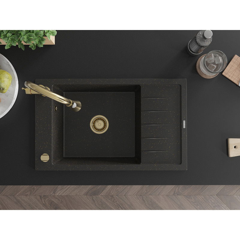 Mexen Elias гранитна мивка с 1 отделение с отцедник и кухненски смесител Elia, черен/златист металик - 6511-75-670101-50