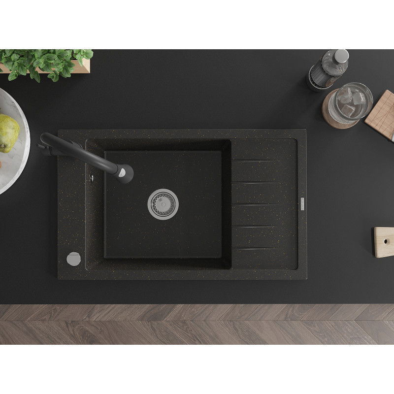 Mexen Elias гранитна мивка 1-камерна с отцедник и кухненски смесител Elia, черен/златен металик - 6511-75-670101-70