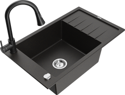 Mexen Elias гранитна мивка 1-камерна с отцедник и кухненски смесител Elia, черен/златен металик - 6511-75-670101-70