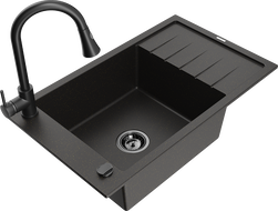 Mexen Elias гранитна мивка с 1 корито и отцедник с кухненски смесител Elia, черен/златен металик - 6511-75-670101-70-B
