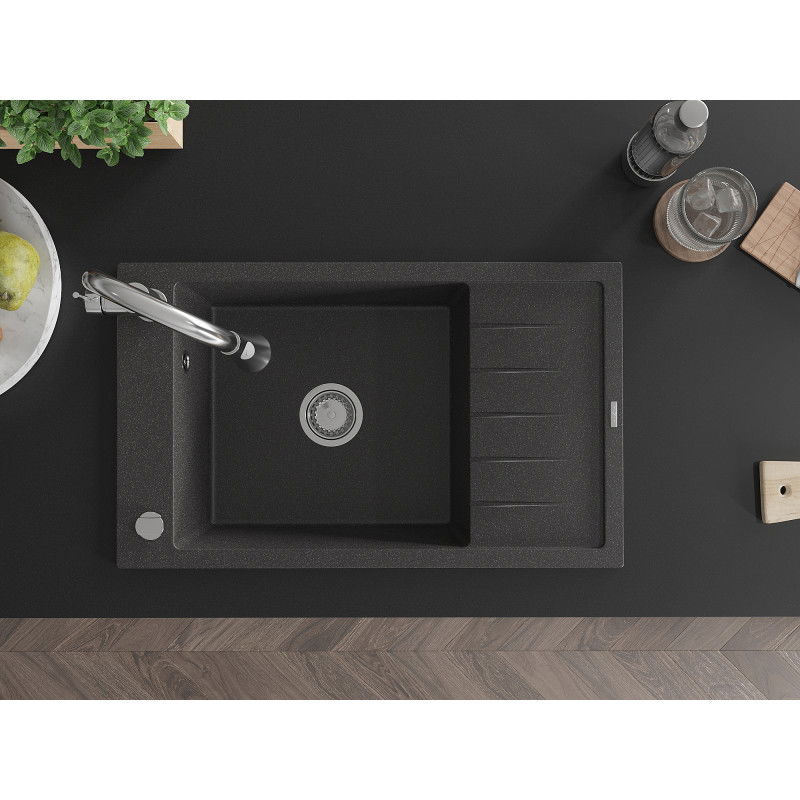 Mexen Elias гранитна мивка с 1 отделение и сушилник и кухненски смесител Elia, черен на пръски - 6511-76-670101-00