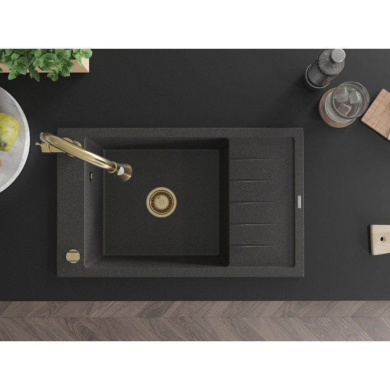 Mexen Elias гранитна мивка с 1 отделение и отцедник и кухненски смесител Elia, черно с пръски - 6511-76-670101-50