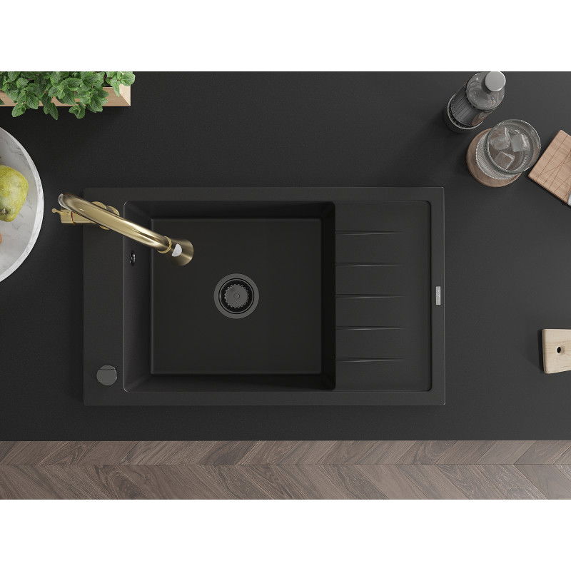 Mexen Elias гранитна мивка с 1 отделение с отцедник и кухненски смесител Elia, черен - 6511-77-670101-50-B