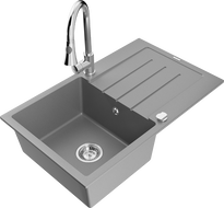 Mexen Bruno мивка от гранит с 1 камера и сушилник и кухненски смесител Elia, сив - 6513-71-670101-00