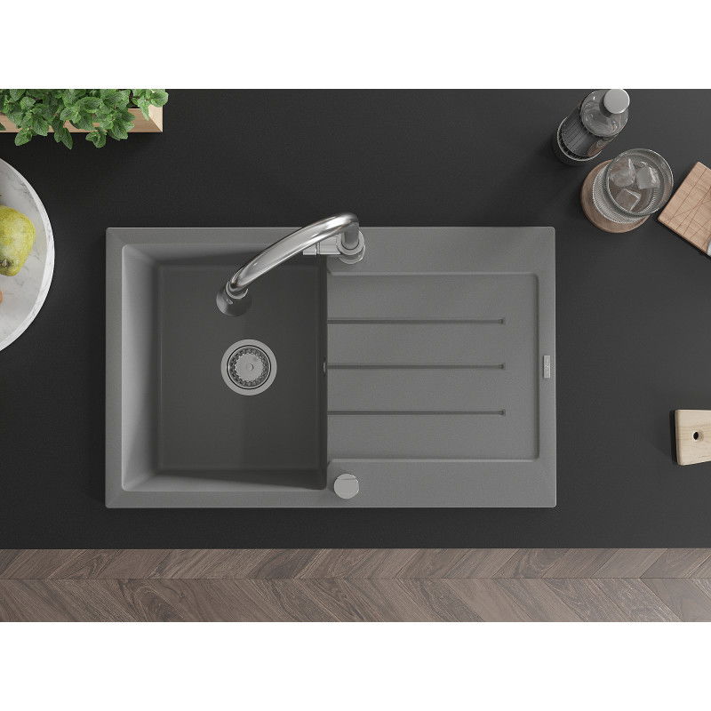 Mexen Bruno мивка от гранит с 1 камера и сушилник и кухненски смесител Elia, сив - 6513-71-670101-00