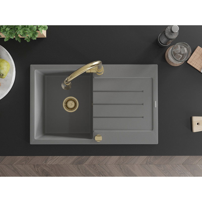 Mexen Bruno кухненска мивка гранитна 1-камерна с отцедник и кухненски смесител Elia, сива - 6513-71-670101-50