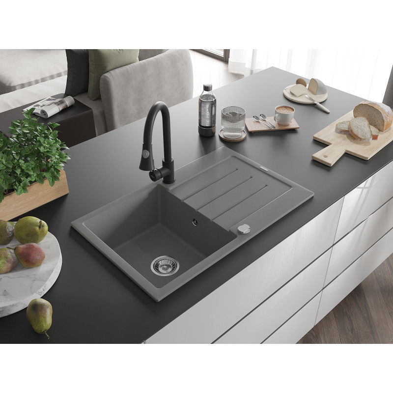 Mexen Bruno гранитна кухненска мивка с 1 отделение, с изцедник и кухненски смесител Elia, сив - 6513-71-670101-70
