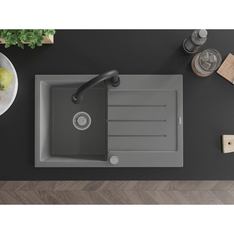 Mexen Bruno гранитна кухненска мивка с 1 отделение, с изцедник и кухненски смесител Elia, сив - 6513-71-670101-70