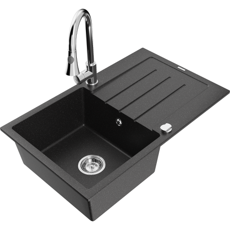 Mexen Bruno гранитна мивка с една купа с отцедник и кухненски смесител Elia,
