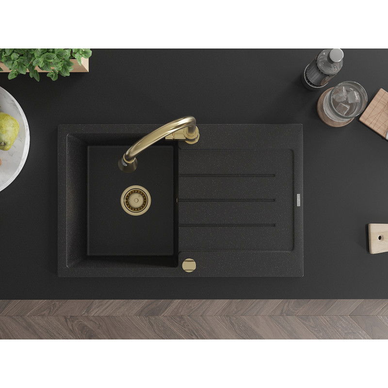 Mexen Bruno гранитна мивка с 1 камера и отцедник и кухненски смесител Elia, черен/сребърен металик - 6513-73-670101-50