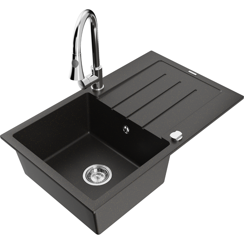 Mexen Bruno гранитна мивка с 1 камера с отцедник и кухненски смесител Elia,