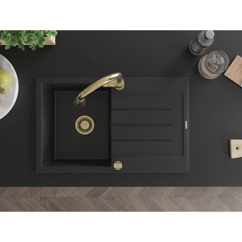 Mexen Bruno гранитна мивка с 1 отделение и единичен отцедник с кухненски смесител Elia, черен - 6513-77-670101-50
