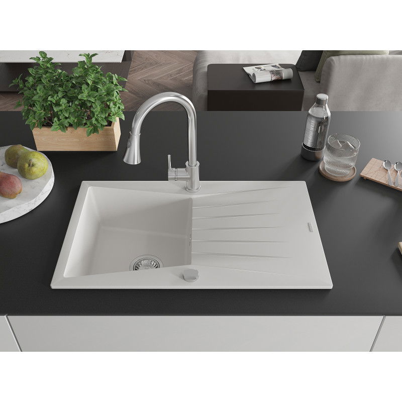 Mexen Cesar гранитна мивка с 1 гнездо с отцедник и кухненски смесител Elia, бял - 6514-20-670101-00