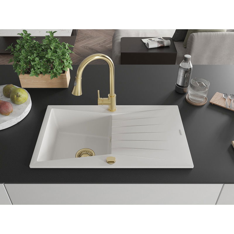 Mexen Cesar гранитна мивка с 1 отделение с отцедник и кухненски смесител Elia, бял - 6514-20-670101-50