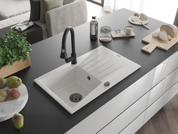 Mexen Cesar гранитна мивка с 1 камера с отцеждател и кухненски смесител Elia, бял - 6514-20-670101-70