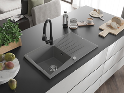 Mexen Cesar гранитна мивка с 1 корито с отцедник и кухненски смесител Elia, сив - 6514-71-670101-70