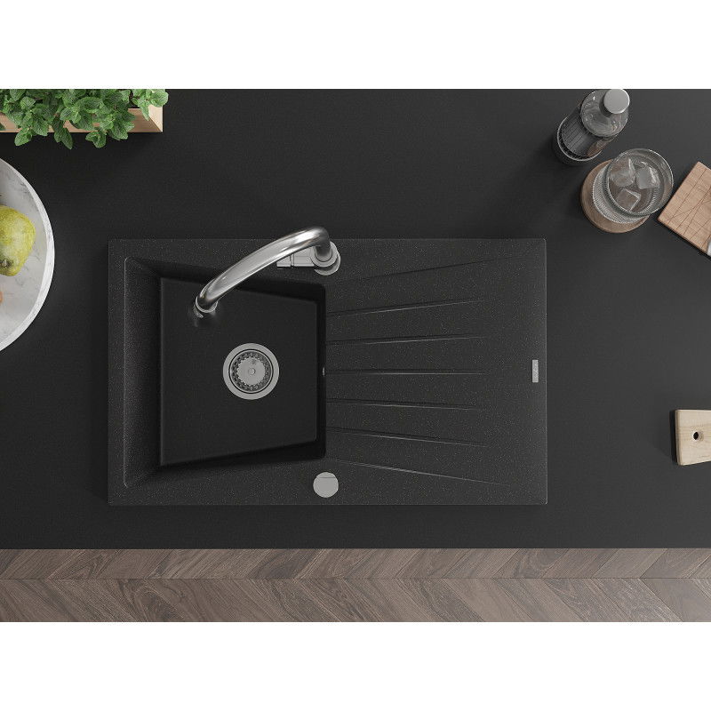 Mexen Cesar гранитна мивка с 1 отделение с отцеждач и кухненски смесител Elia, черен/сребърен металик - 6514-73-670101-00
