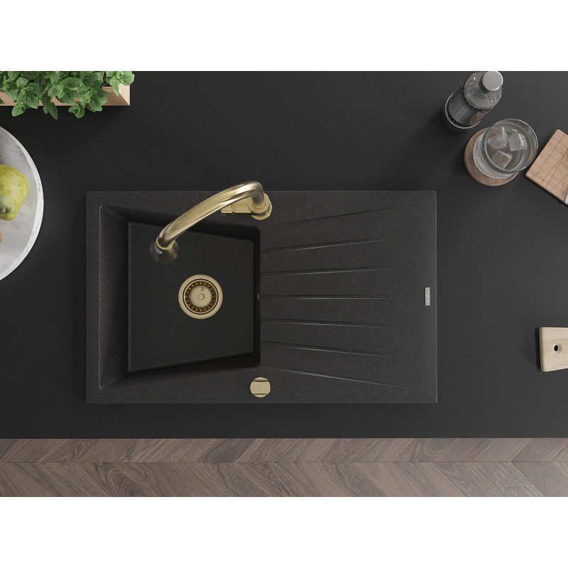 Mexen Cesar гранитна мивка с 1 отделение с отцедник и кухненски смесител Elia, черен/сребрист металик - 6514-73-670101-50