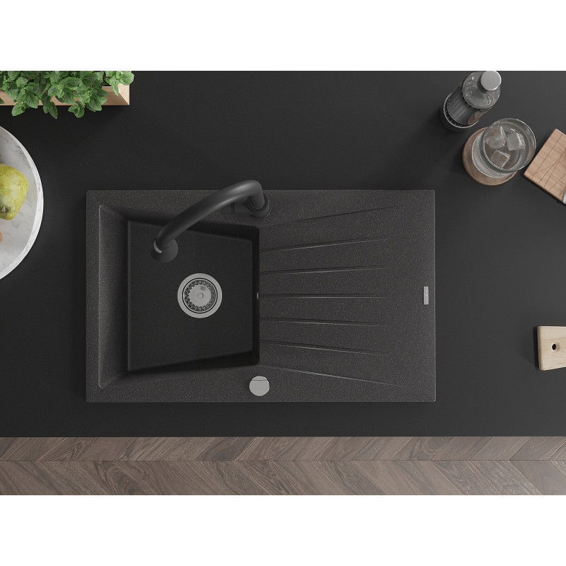 Mexen Cesar мивка гранитна 1-камерна с отцедник и кухненски кран Elia, черна на пръски - 6514-76-670101-70