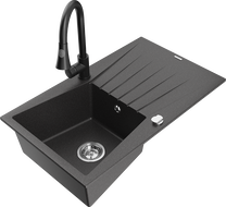 Mexen Cesar мивка гранитна 1-камерна с отцедник и кухненски кран Elia, черна на пръски - 6514-76-670101-70