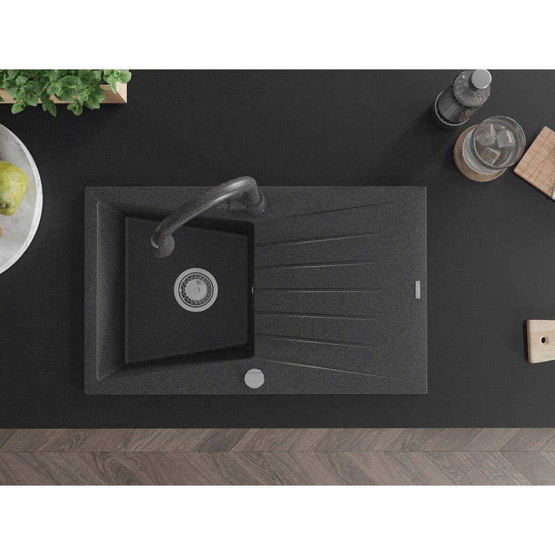 Mexen Cesar гранитна мивка с 1 отделение със сушилник и кухненски смесител Elia, черен напъстрен - 6514-76-670101-76
