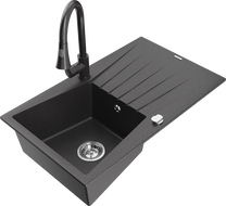 Mexen Cesar гранитна мивка с 1 отделение със сушилник и кухненски смесител Elia, черен напъстрен - 6514-76-670101-76