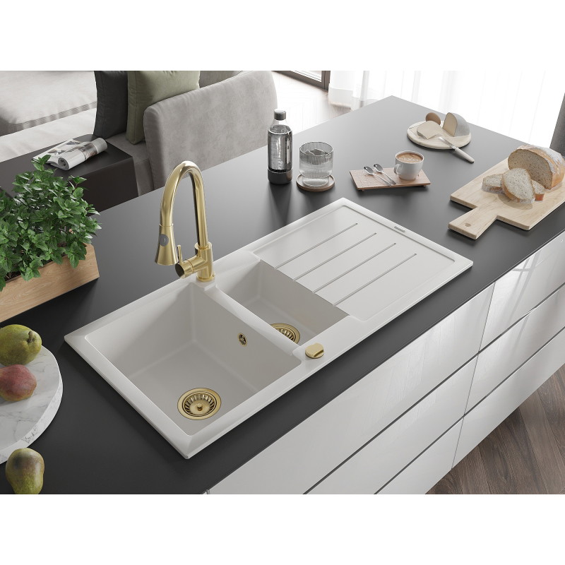 Mexen Andres гранитна мивка с 1,5 камери с отцедник и кухненски смесител Elia,