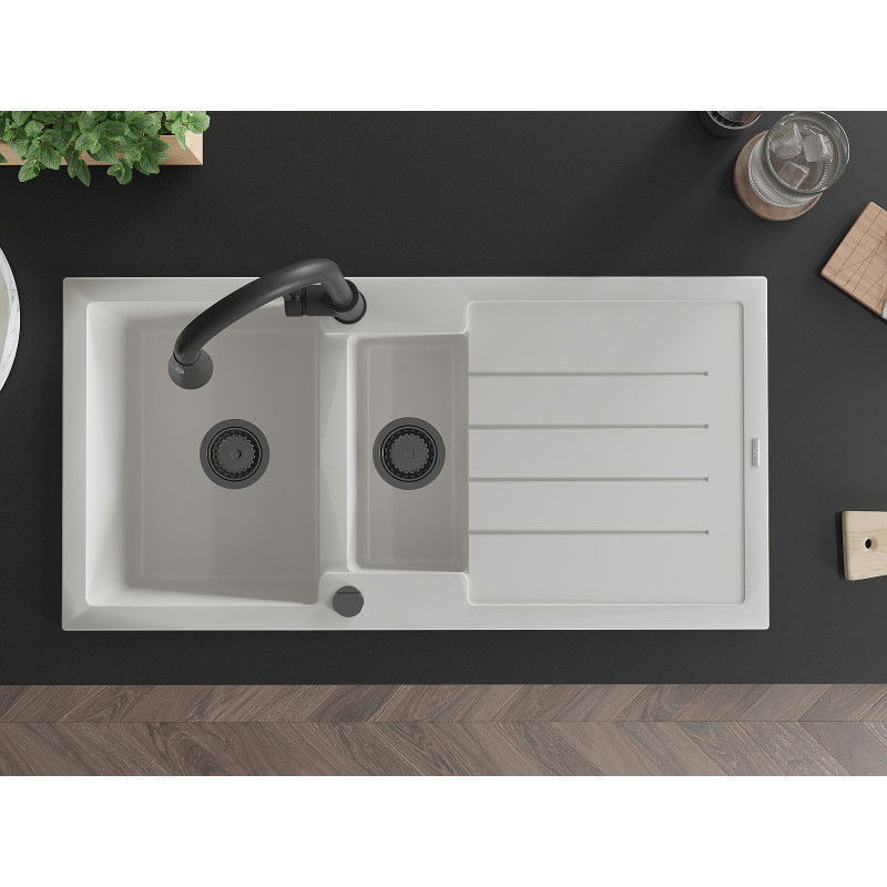 Mexen Andres гранитна мивка 1,5-камерна с отцедник и кухненски смесител Elia, бял - 6515-20-670101-70