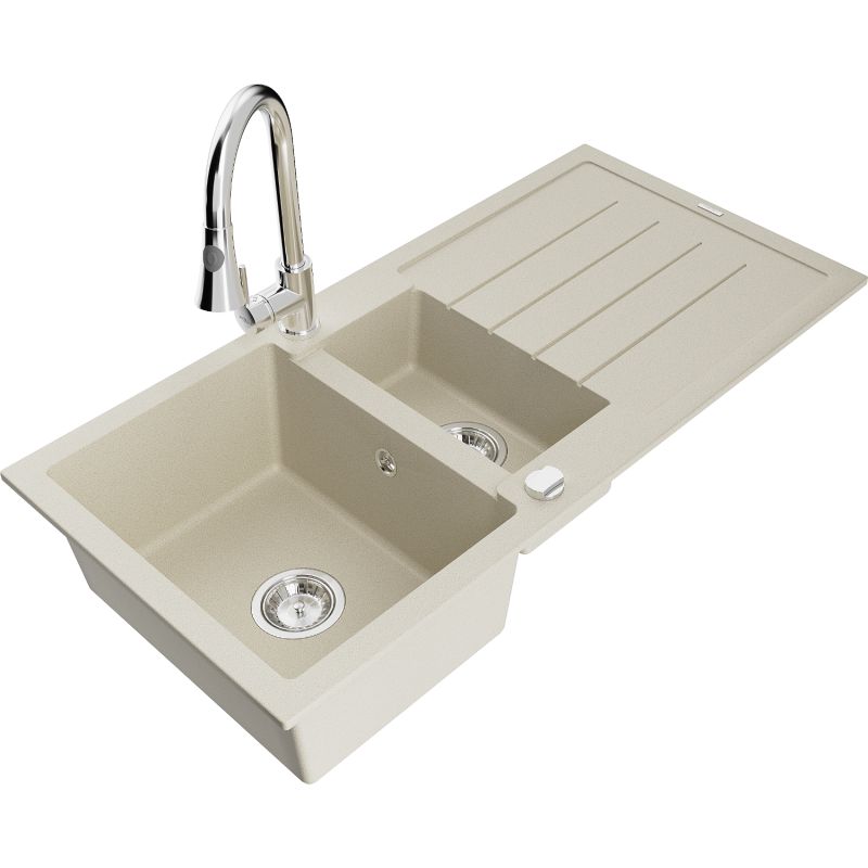 Mexen Andres гранитна мивка с 1,5 камери, с отцедник и кухненски смесител Elia,