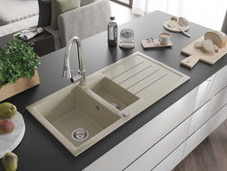 Mexen Andres гранитна мивка с 1,5 камери, с отцедник и кухненски смесител Elia,