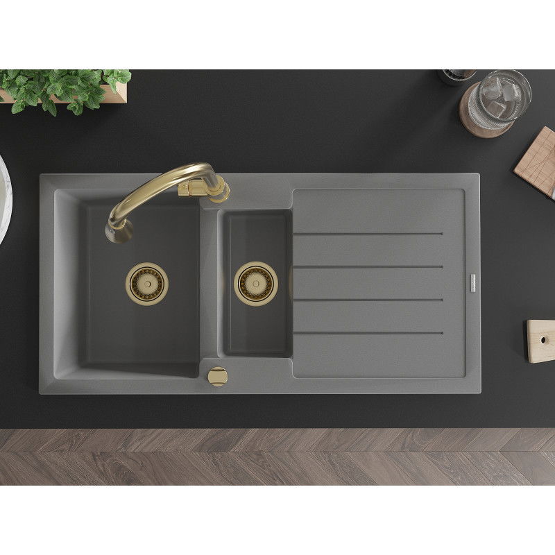 Mexen Andres гранитна мивка с 1,5 камери с отцедник и кухненски смесител Elia, сив - 6515-71-670101-50