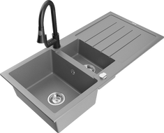 Mexen Andres гранитна мивка с 1,5 камери и отцедник и кухненски смесител Elia, сив - 6515-71-670101-70