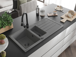 Mexen Andres гранитна мивка 1,5-камерна с отцедник и кухненски смесител Elia, сив - 6515-71-670101-70-B