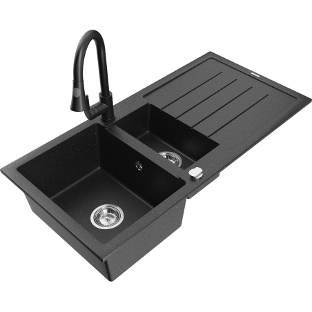 Mexen Andres гранитна мивка с 1,5 отделения с капак и кухненски смесител Elia,