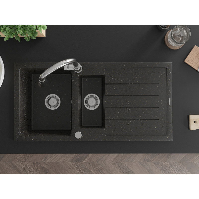 Mexen Andres гранитна мивка 1,5-камерна с отцедник и кухненски смесител Elia, черен/златен металик - 6515-75-670101-00