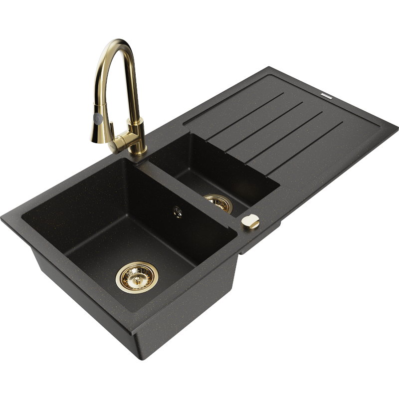 Mexen Andres гранитна мивка с 1,5 камери с отцедник и кухненски смесител Elia,