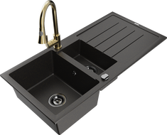 Mexen Andres гранитна мивка с 1,5 камери с отцедник и кухненски смесител Elia, черно/златно металик - 6515-75-670101-50-B