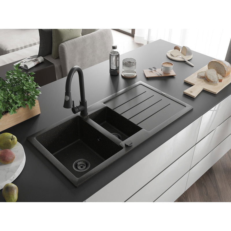 Mexen Andres гранитна мивка 1,5-камерна с отцедник и кухненски смесител Elia, черен/златен металик - 6515-75-670101-70-B