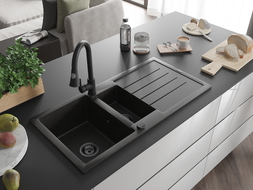 Mexen Andres гранитна мивка 1,5-камерна с отцедник и кухненски смесител Elia, черен/златен металик - 6515-75-670101-70-B