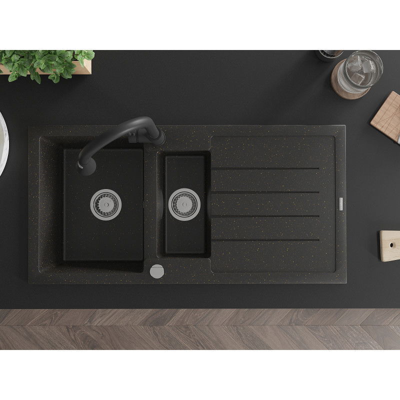 Mexen Andres гранитна мивка 1,5-камерна със сушилня и кухненски смесител Elia, черен/златен металик - 6515-75-670101-70