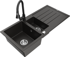 Mexen Andres гранитна мивка 1,5-камерна със сушилня и кухненски смесител Elia, черен/златен металик - 6515-75-670101-70