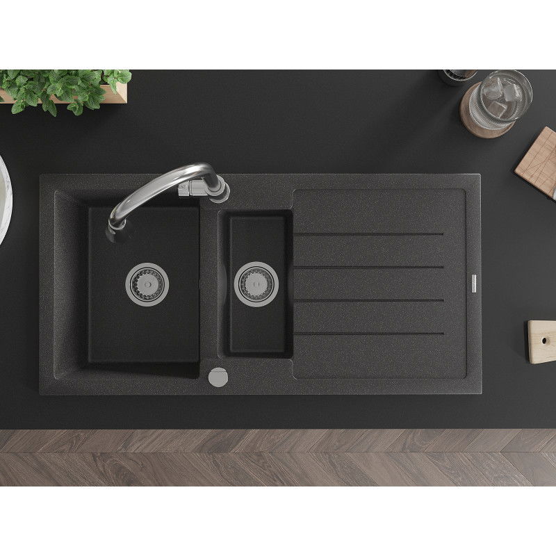 Mexen Andres гранитна мивка с 1,5 камери, с отцедник и кухненски смесител Elia, черен петнист - 6515-76-670101-00