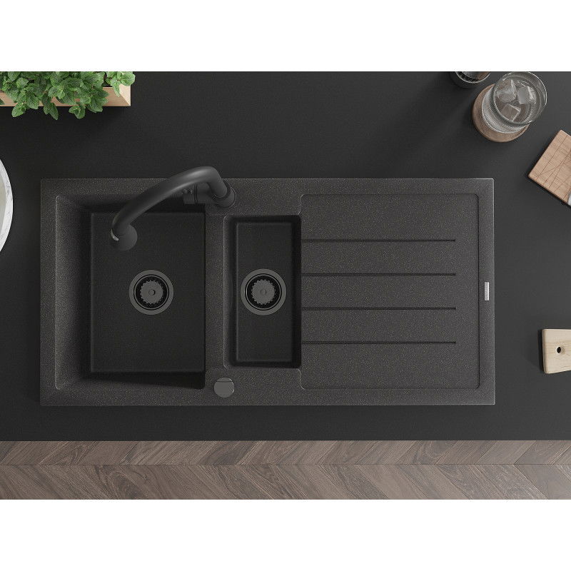 Mexen Andres гранитна мивка 1,5-камерна с отцедник и кухненски смесител Elia, черна на пръски - 6515-76-670101-70-B