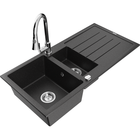 Mexen Andres Гранитна мивка с 1,5 отделения, с дренаж и кухненски смесител Elia,