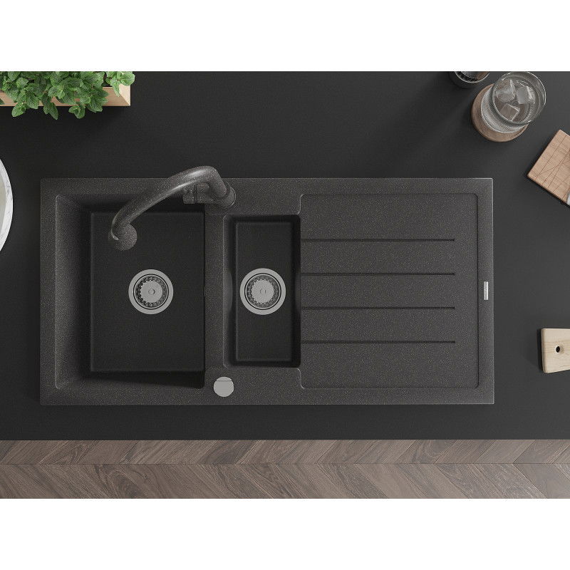 Mexen Andres гранитна мивка с 1,5 камери и отцедник и кухненски смесител Elia, черно на петна - 6515-76-670101-76